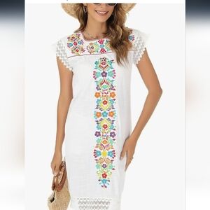 White Dress with Colorful Floral Embroidery